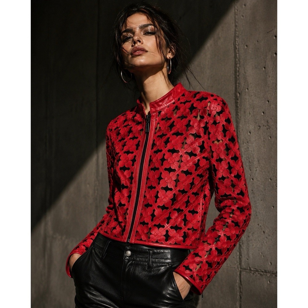 Dakota West Womens Red Black Floral Cutout Leather Mesh Crop Biker Jacket Size M